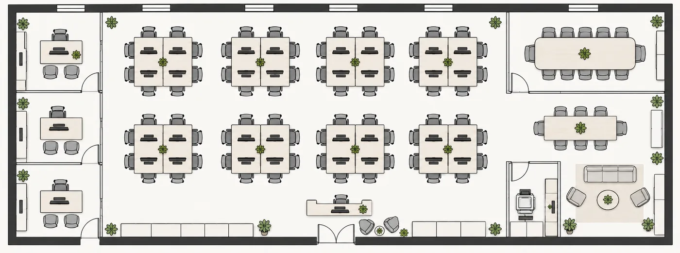 Indicative floor plan for a 25 – 50 people office