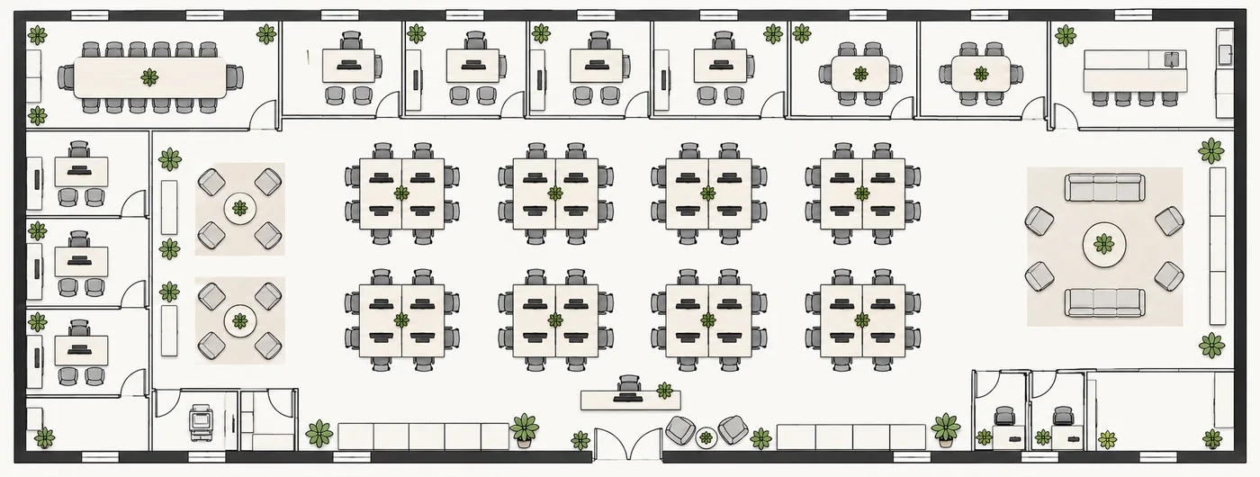 Indicative floor plan for a 50+ people office